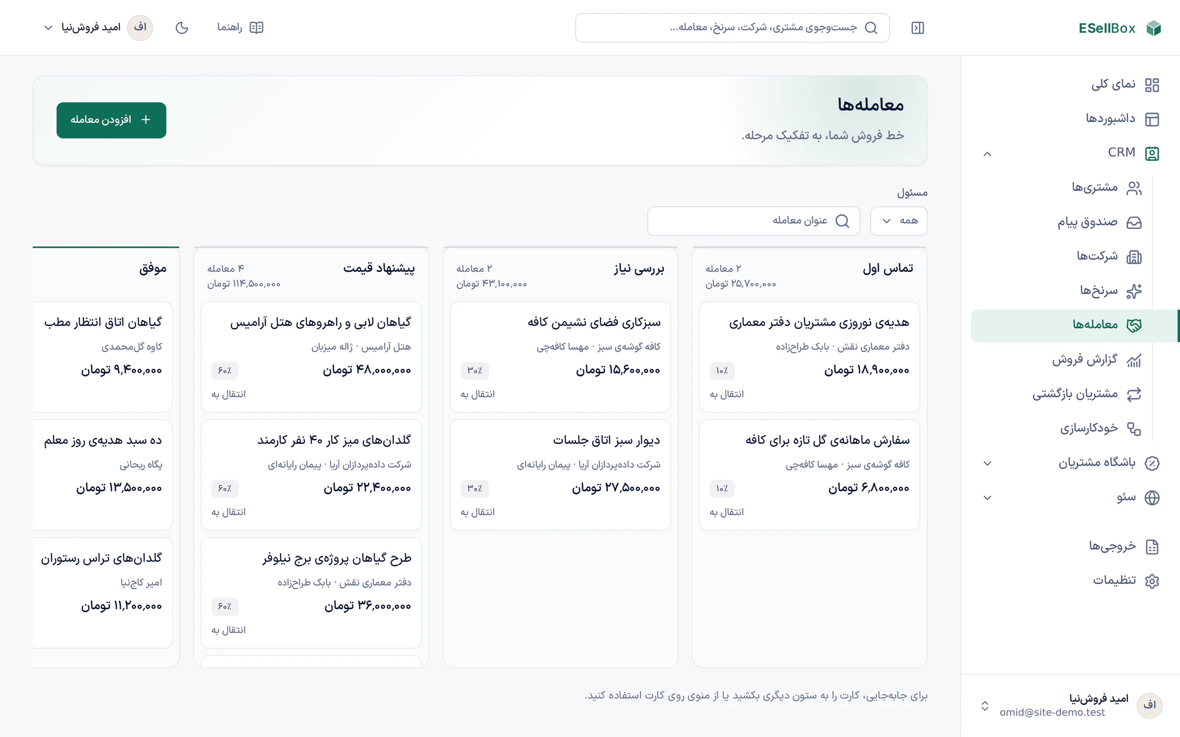 تابلوی معاملهها در ESellBox: ستونهای تماس اول، بررسی نیاز، پیشنهاد قیمت و موفق، هر معامله با مبلغ و طرف حسابش
